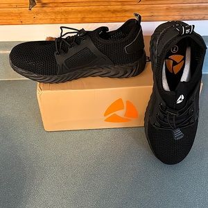 Brand new, never worn. Steel toe shoes. Too big when bought